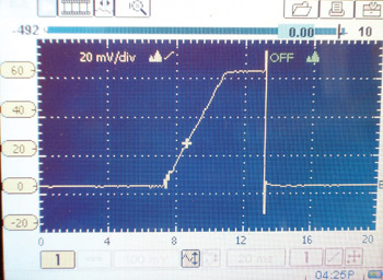 Diagnostic-Solutions-Ignition-Coil-Diag-4 Photo 4: This “flat-top” waveform indicates that this coil is current-limited at about six amperes.